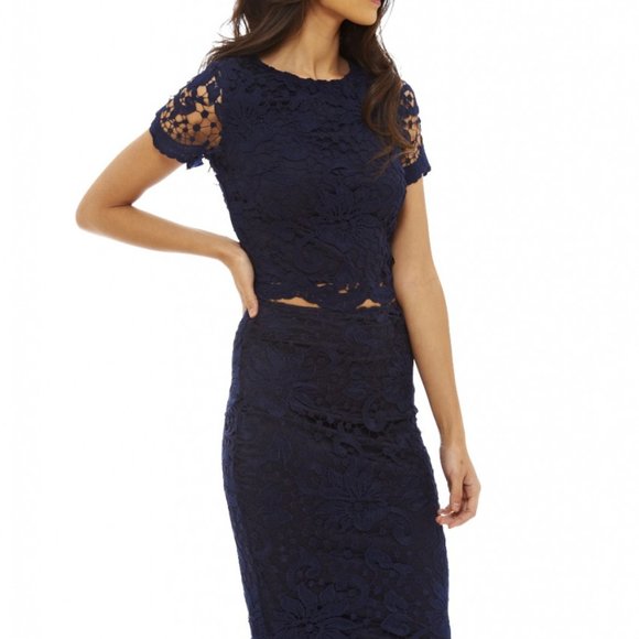 AX Paris Women's short sleeve crochet 2 piece navy dress - Picture 2 of 10